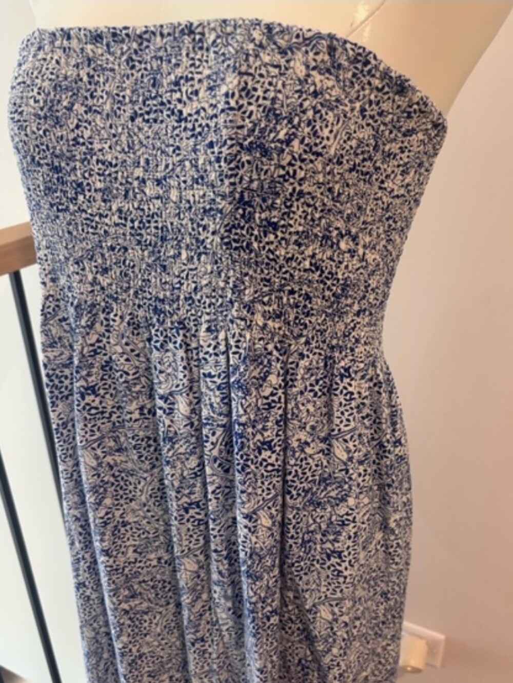 Strapless Blue Patterned Strapless Smocked Dress